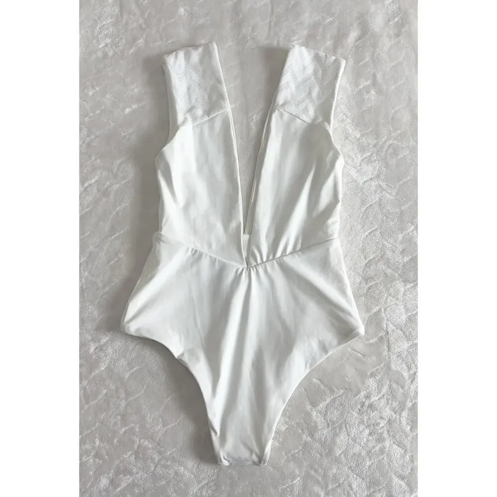 NWT Tavik Free People Size S Eden One-Piece Swimsuit White Textured Chevron